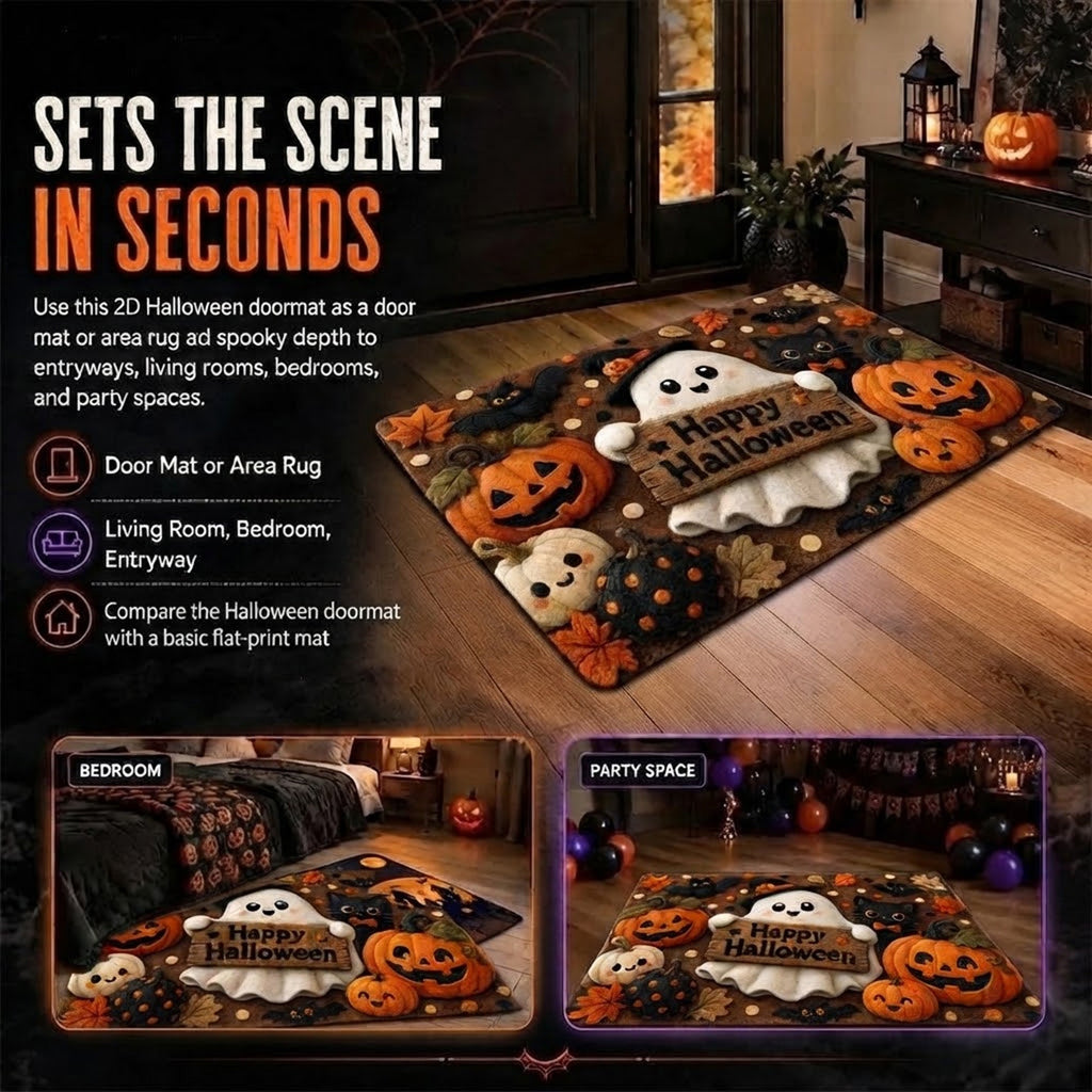 Happy Halloween Doormat Ghost Welcome Mat Indoor Outdoor Anti-Slip Rug Home Bedroom Bath Mats